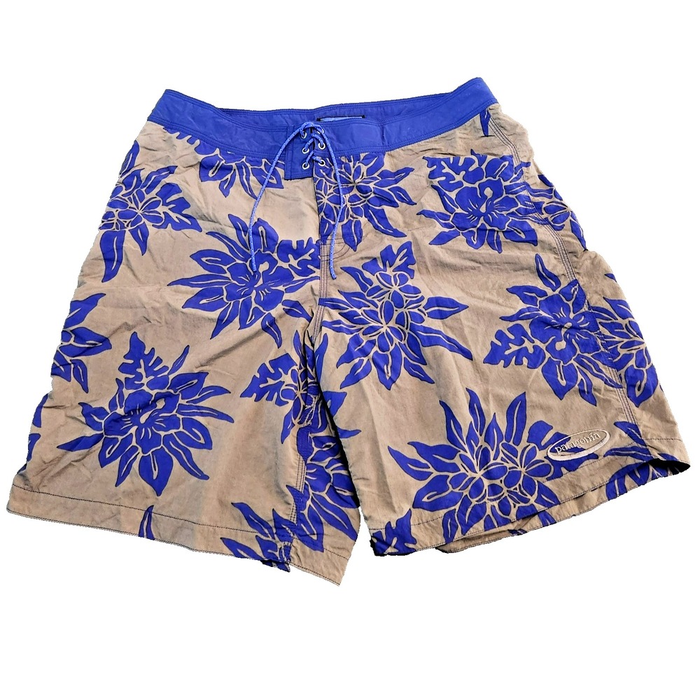 Patagonia Pataloha Mens Board Shorts Blue Tan Tropical Floral Swim Trunks